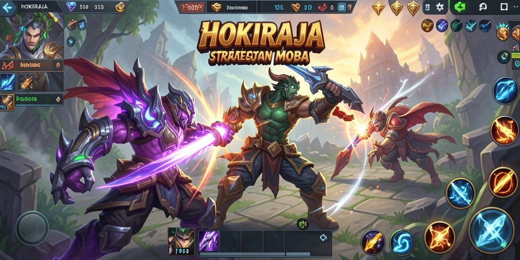 Screenshot gameplay HOKIRAJA menampilkan aksi MOBA yang mendebarkan.