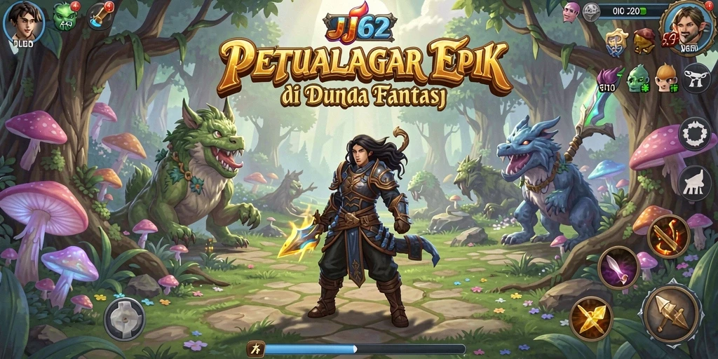 Screenshot utama JJ62 menampilkan pertarungan epik di dunia fantastis.
