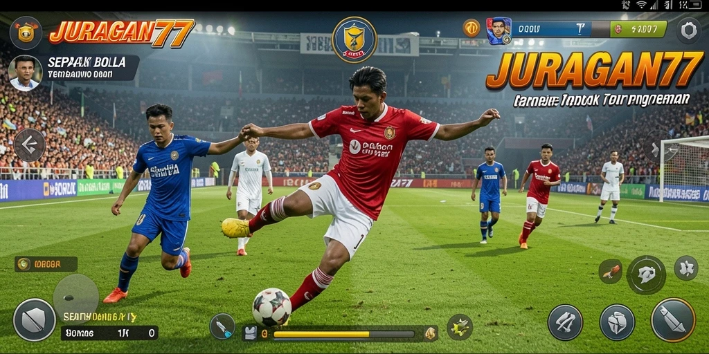 Tampilan gameplay mendebarkan di JURAGAN77 dengan aksi sepak bola intens.