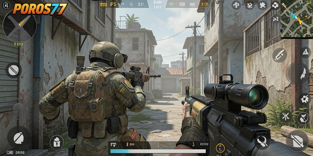 Tangkapan layar POROS77 menunjukkan aksi FPS yang mendebarkan.