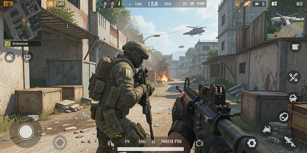 Screenshot utama RP8 menampilkan aksi menembak intens di arena FPS.