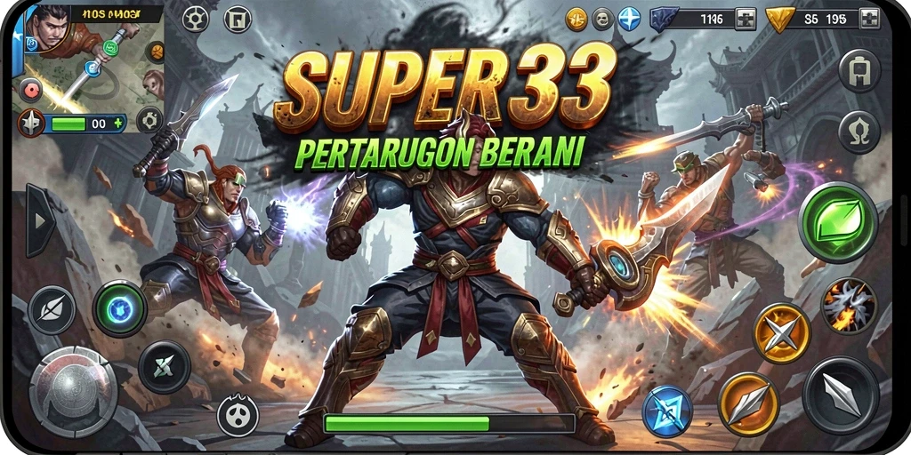 Screenshot utama menunjukkan pertarungan seru dalam game Fighting.